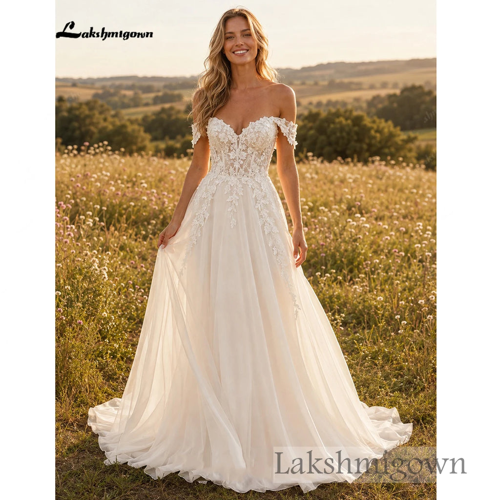 Lakshmigown Bohemian Off Shoulder Wedding Gowns Sweetheart Lace Applique Chiffon A‑Line Bridal Dress Backless  Customized