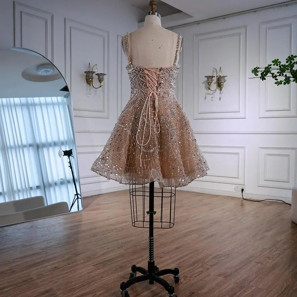 Serene Hill Elegant Nude Short Evening Dress A-Line Mini Crystal Cocktail for Women 2025 DLA72983 Customized