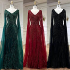 Serene Hill Black Mermaid Cape Sleeves Feathers Beaded Evening Dresses Party Gowns with Split for Women DLA72216 Customized