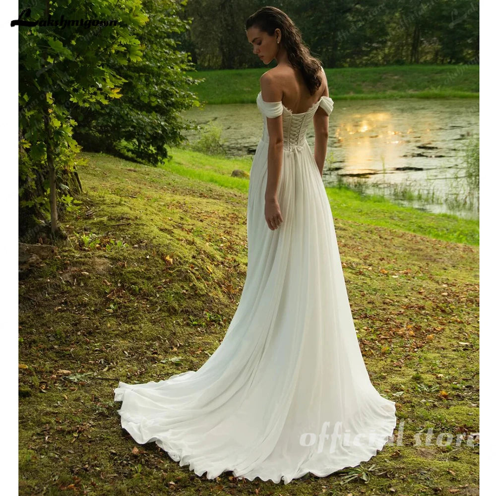 Lakshmigown Chiffon Beach Wedding Dresses 2026 New Split Side Strapless Garden Bridal Gowns Lace Up Back Customized