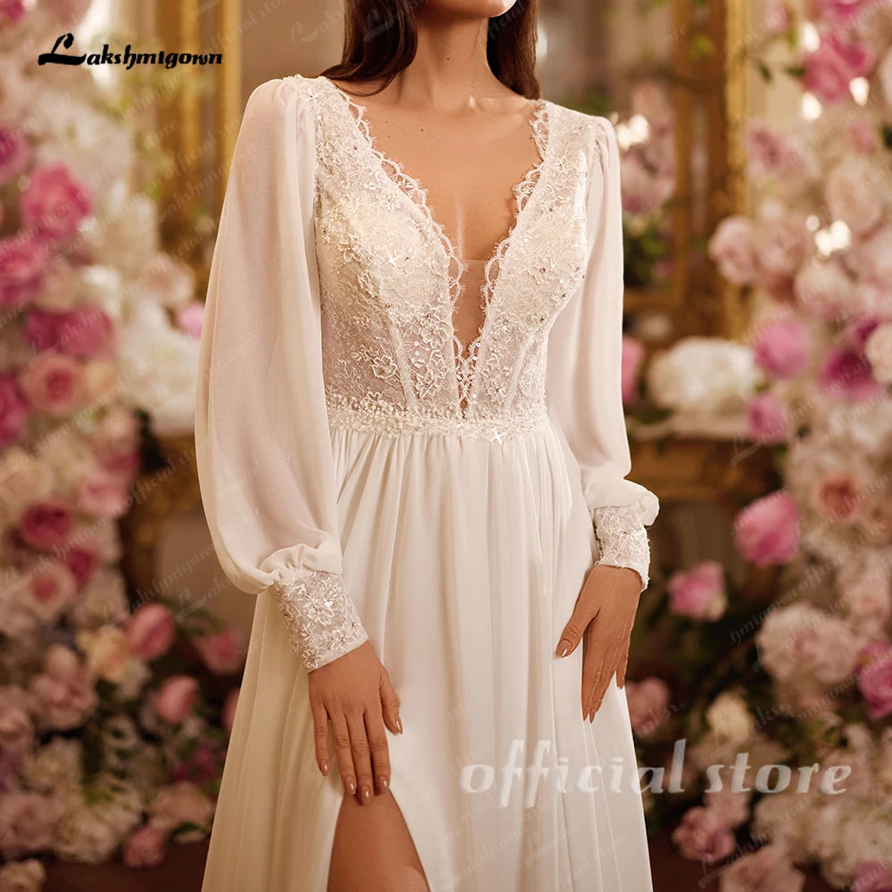 Lakshmigown Chic Chiffon Beach Wedding Dress for Women V-neck Puff Sleeves A-line High Slit Vestidos De Novia Customized