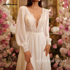 Lakshmigown Chic Chiffon Beach Wedding Dress for Women V-neck Puff Sleeves A-line High Slit Vestidos De Novia Customized