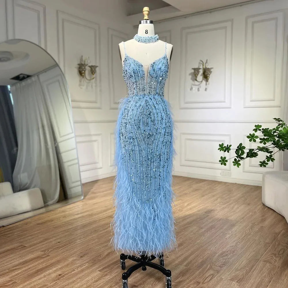 Serene Hill Customized White Nude Mermaid Beaded Feather Evening Gowns 2026 Wedding Party Prom Dresses For Women DLA72047
