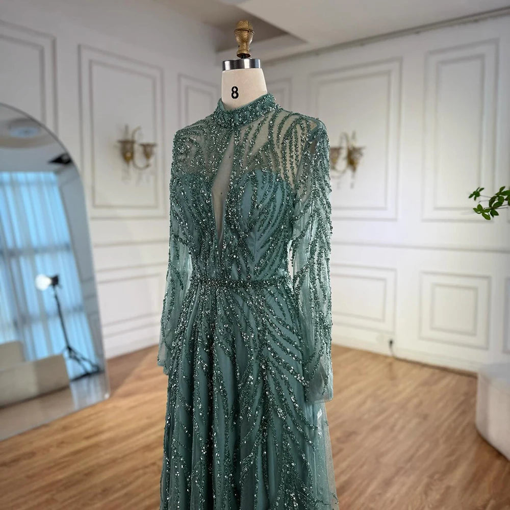 Serene Hill Customized Elegant Turquoise A Line Evening Dress with High Neck Beaded Design for Women Formal Party Gown DLA71682A