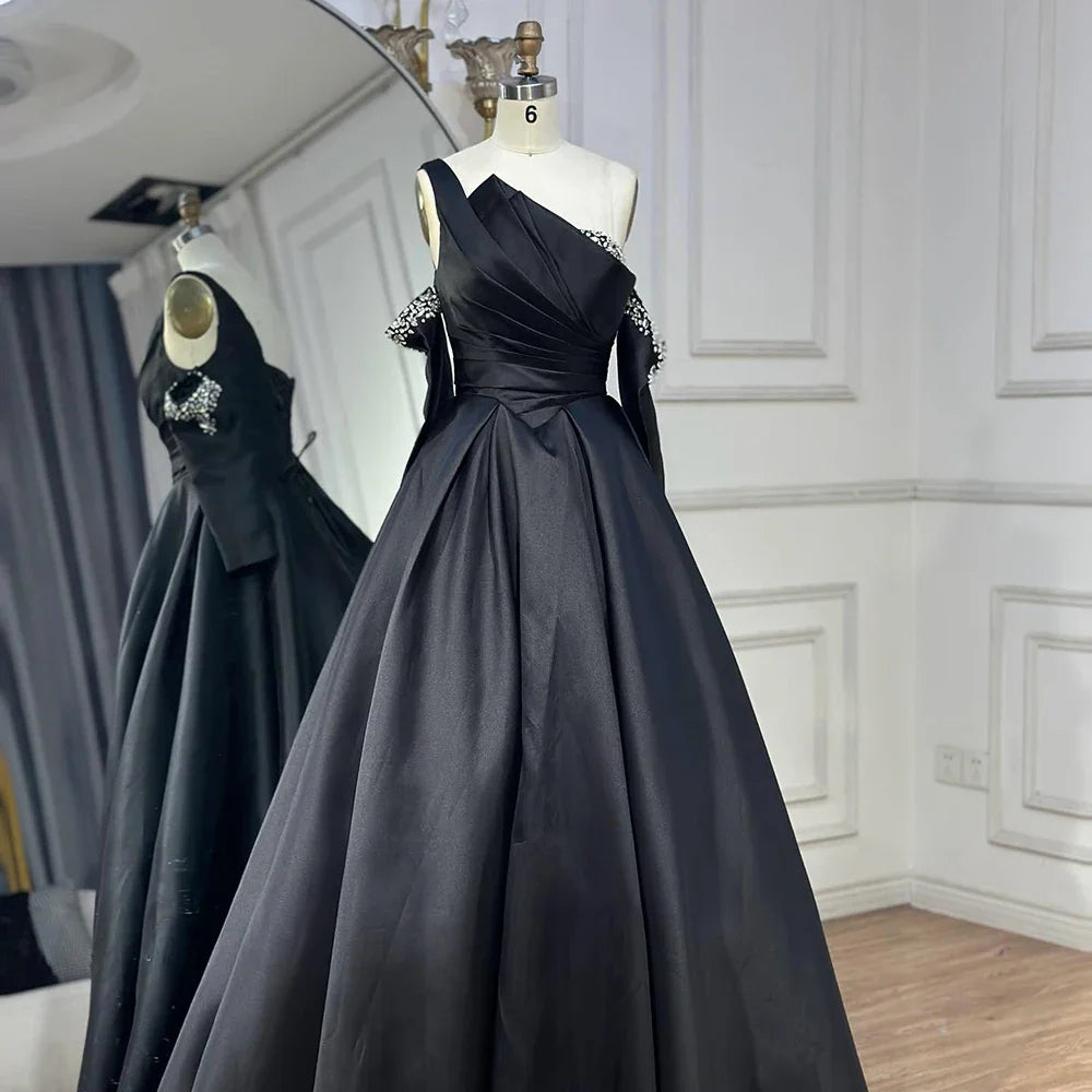 Serene Hill 2025 Elegant Black One-Shoulder A Line Beaded Evening Dresses Gowns with Sleeveless For Party DLA72741 Customized