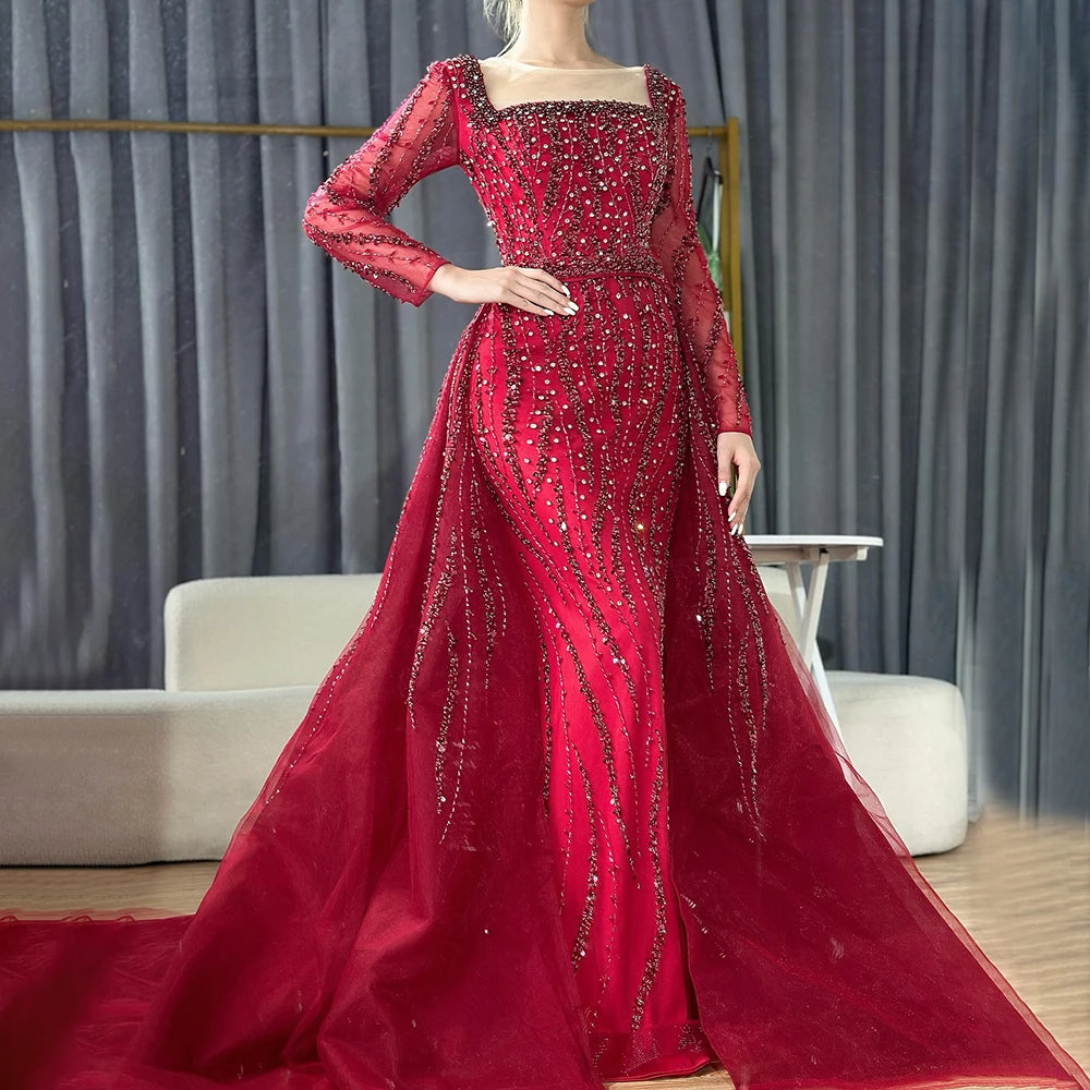 Serene Hill Customized Wine red Long Sleeves Mermaid Beaded Evening Dresses with Overskirt Party Gowns for Women DLA72710