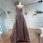 Serene Hill Customized 2026 High-end Beaded Blue Long Sleeves Evening Dress with Overskirt Satin Party Gowns for Women DLA72963