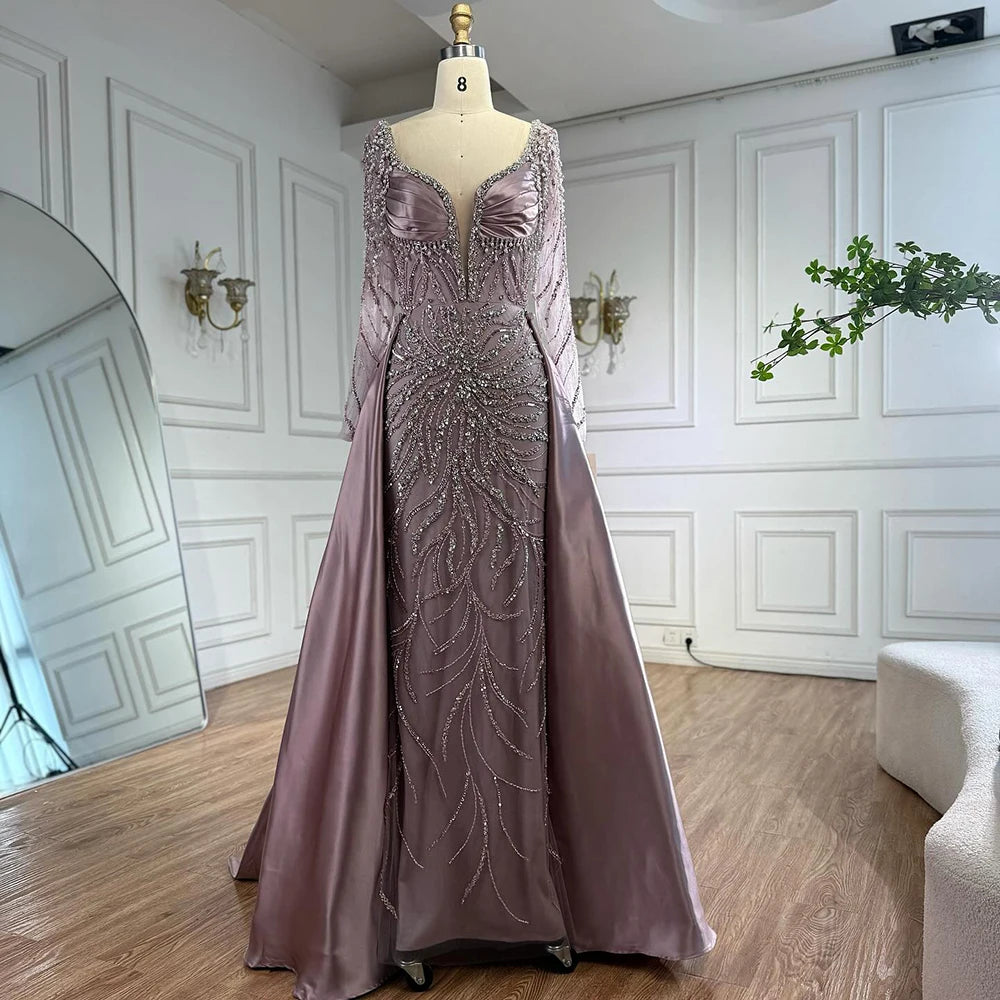 Serene Hill Customized 2026 High-end Beaded Blue Long Sleeves Evening Dress with Overskirt Satin Party Gowns for Women DLA72963