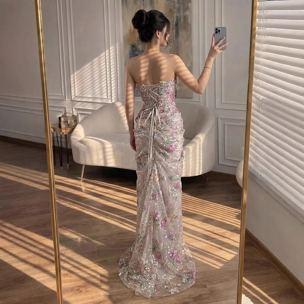 Serene Hill Strapless Mermaid Evening Dress Flower Pattern Formal Wedding Party Gowns for Women 2026 Customized DLA73552