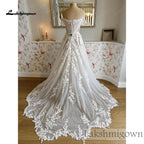 Lakshmigown Boho Off Shoulder Wedding Dress Deep V Neck Illusion Bodice A‑Line Tulle Bridal Gown 3D Leaf Lace Appliqu Customized