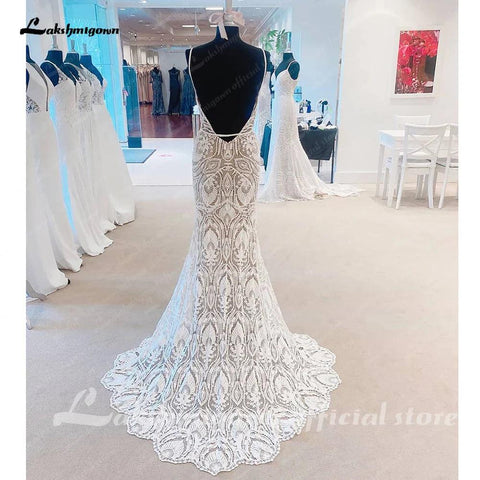 Vestido de noiva comprido com renda e decote em V, costas abertas, alças finas, aplicações, corte A, 2025 