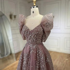 Serene Hill Customized 2024 Pink A Line Beaded Evening Dresses Dubai Arabic Elegant Party Gown for Women Wedding Event DLA72447