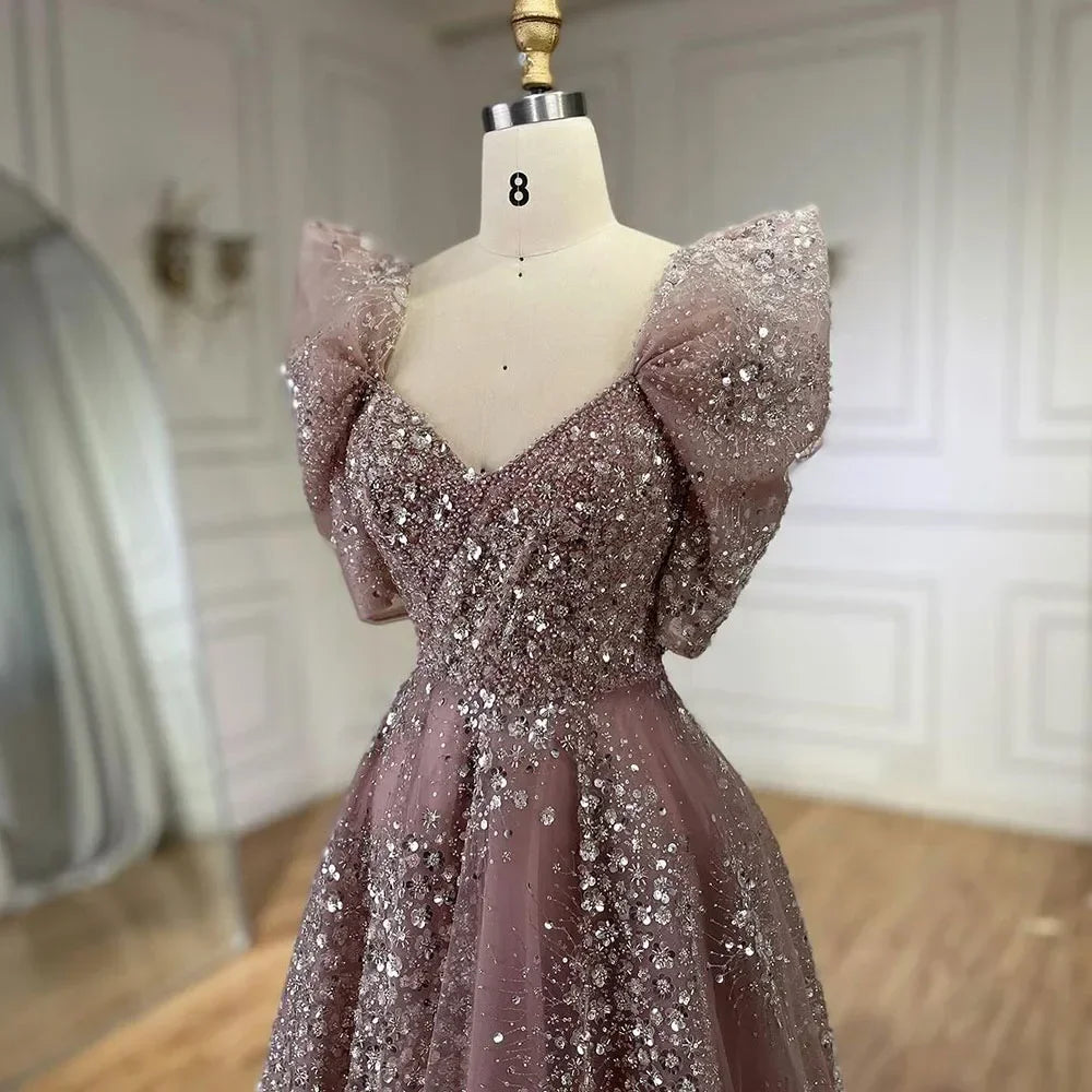 Serene Hill Customized 2024 Pink A Line Beaded Evening Dresses Dubai Arabic Elegant Party Gown for Women Wedding Event DLA72447