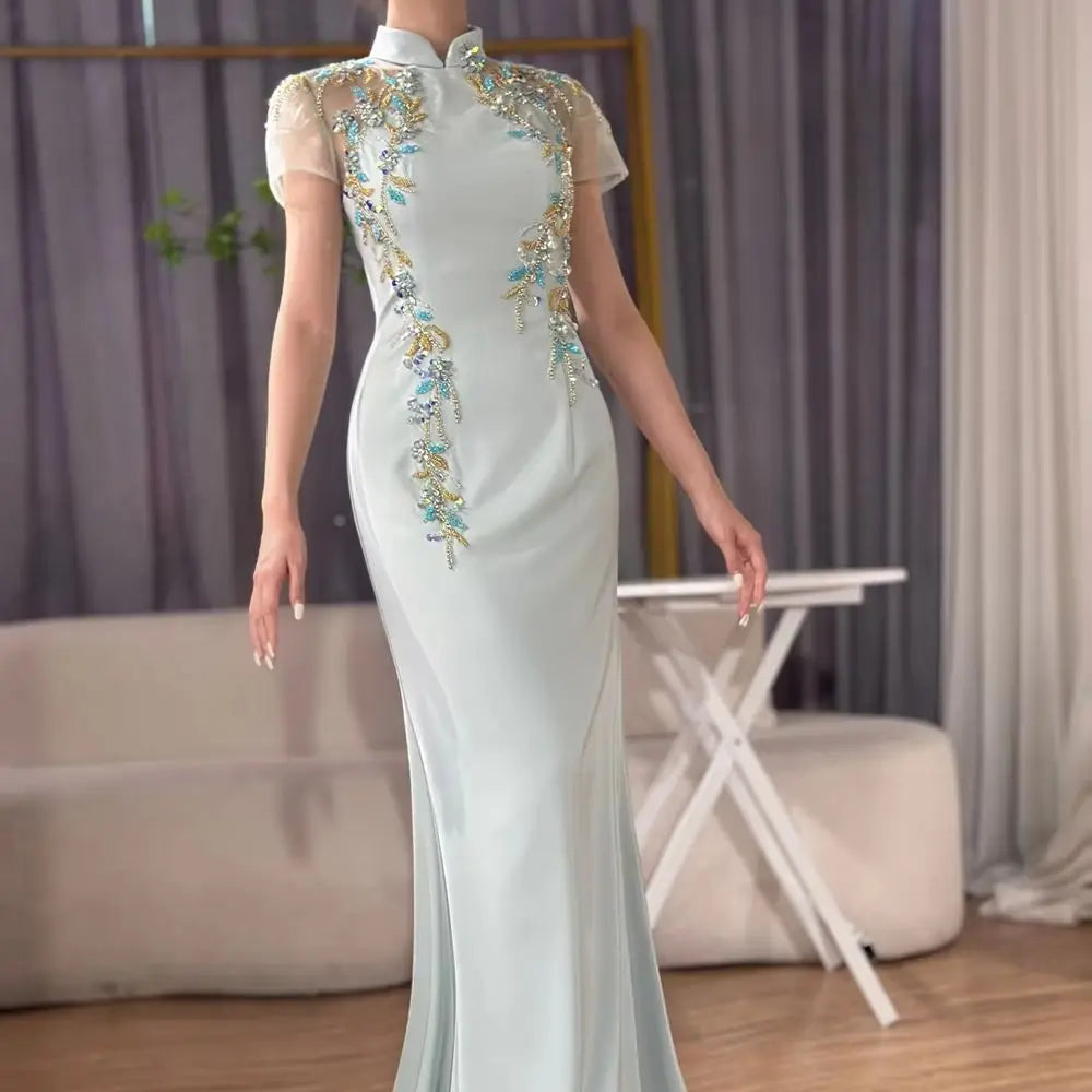 Serene Hill Customized 2025 Saudi Mint Mermaid Beaded Satin Evening Dress Gown with   for Formal Occasion DLA72797