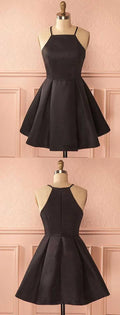 Robe de bal à col carré, ligne A, courte, en satin noir avec plis S414