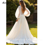 Lakshmigown Chiffon A Line V-Neck Court Train Ivory Wedding Dress with Lace vestido de novia para boda Customized