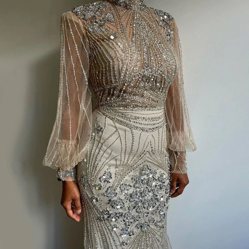 Serene Hill Customized Silver Beaded Mermaid Evening Dresses 2025 Full Sleeves Elegant Party Gowns For Women DLA71036