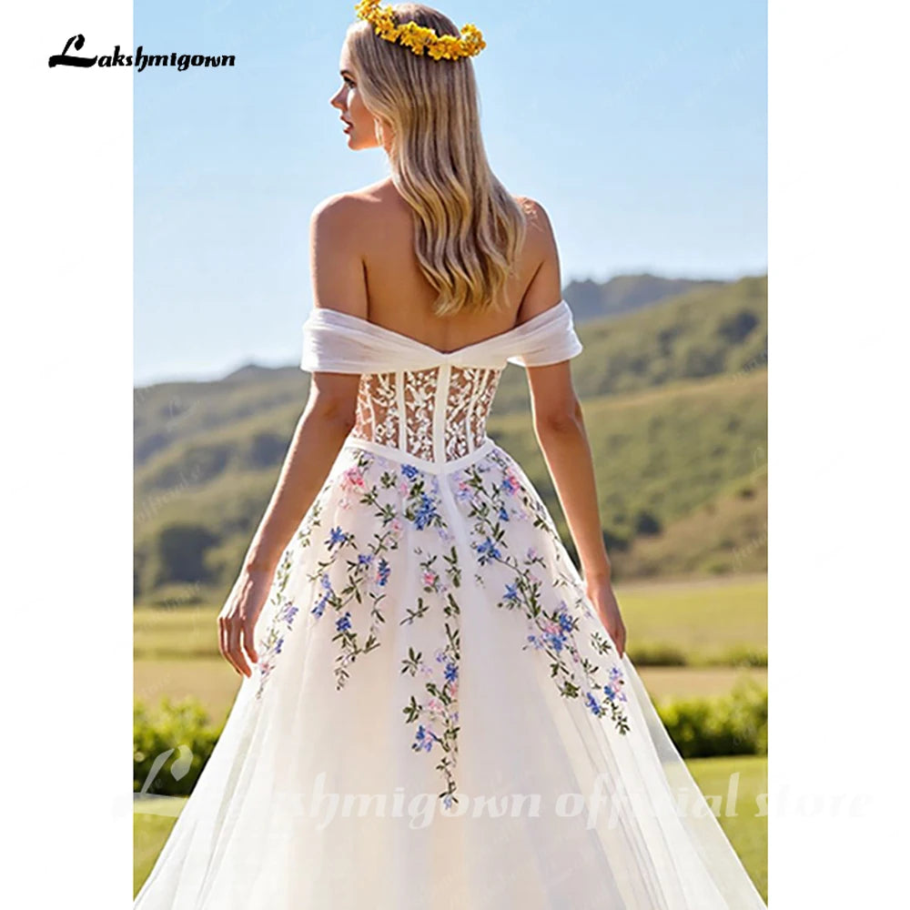Lakshmigown Embroidery Flowers Floral Off The Shoulder Ivory A Line Wedding Dress Strapless Gowns Customized Vestidos de fiesta