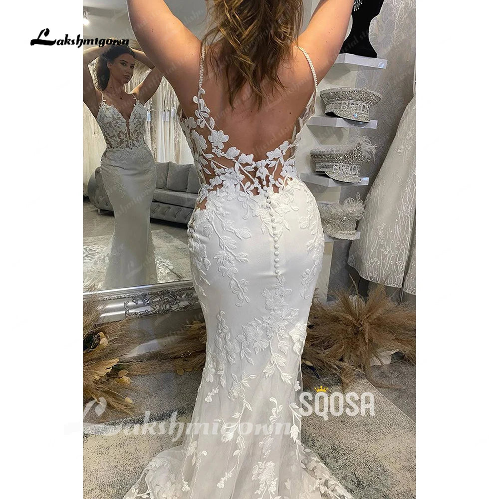 Lakshmigown Lace Mermaid Wedding Dress Spaghetti Straps Cut Out Long Train Bridal Gowns Vestidos de Nova