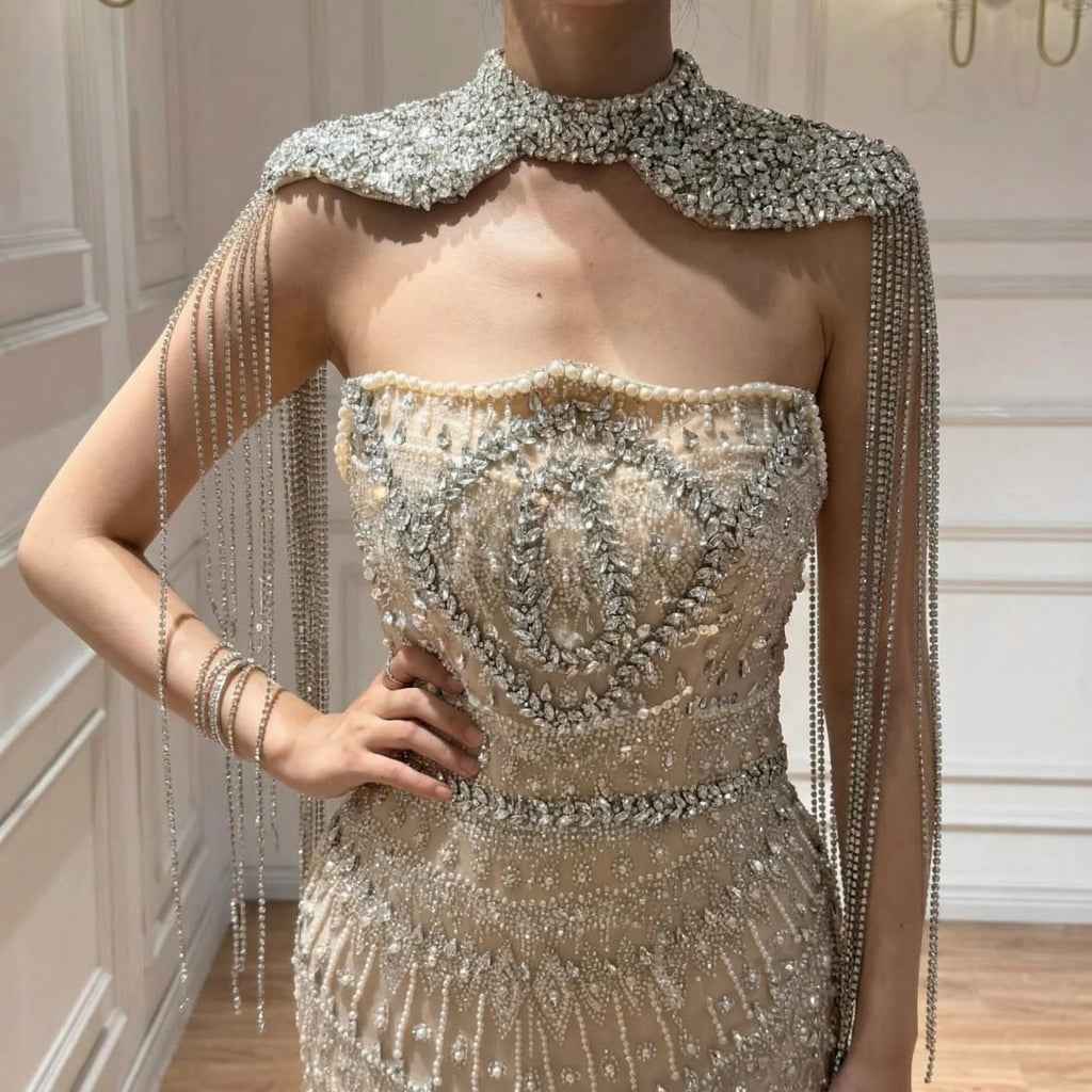 Serene Hill Luxury Beaded Mermaid Evening Dress Elegant Crystal Tassel Cape Celebrity Party Gown Vestidos Customized DLA73450A