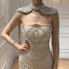 Serene Hill Luxury Beaded Mermaid Evening Dress Elegant Crystal Tassel Cape Celebrity Party Gown Vestidos Customized DLA73450A