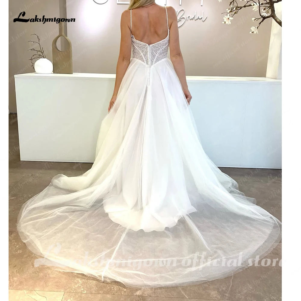 Lakshmigown Spaghetti Straps Wedding Dress for Women Pearls Beads Scoop Neck Tulle A-line Vestidos De Novia Customized