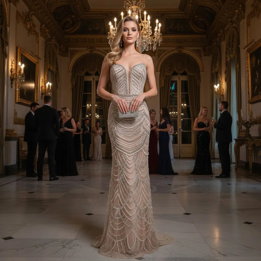 Serene Hill Mermaid Beaded Pearls Evening Gala Dresses 2026 High End Strapless Party Gowns Robe De Soiree DLA72900 Customized