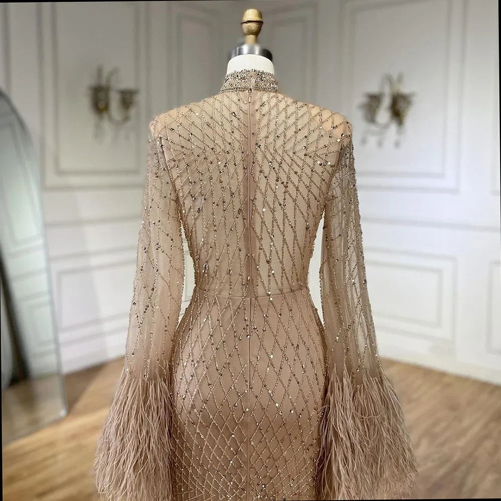 Serene Hill Nude High Neck Long Sleeves Feathers Mermaid Beaded Evening Dress Party Gowns for Women DLA72394 Customized