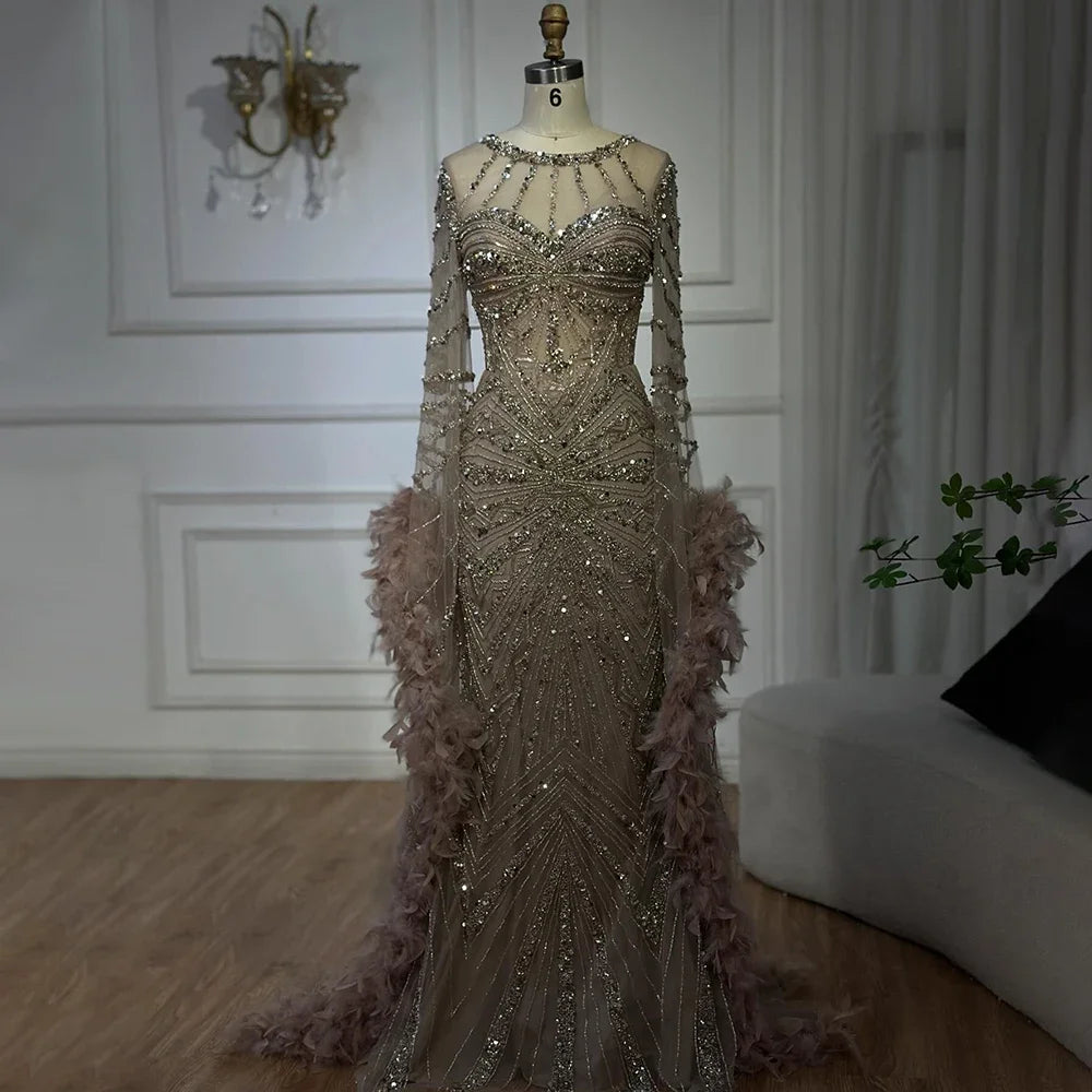 Serene Hill Pink Luxury Beaded Mermaid Evening Dress Gowns with Feathers for Formal Occasion Customized DLA72708A