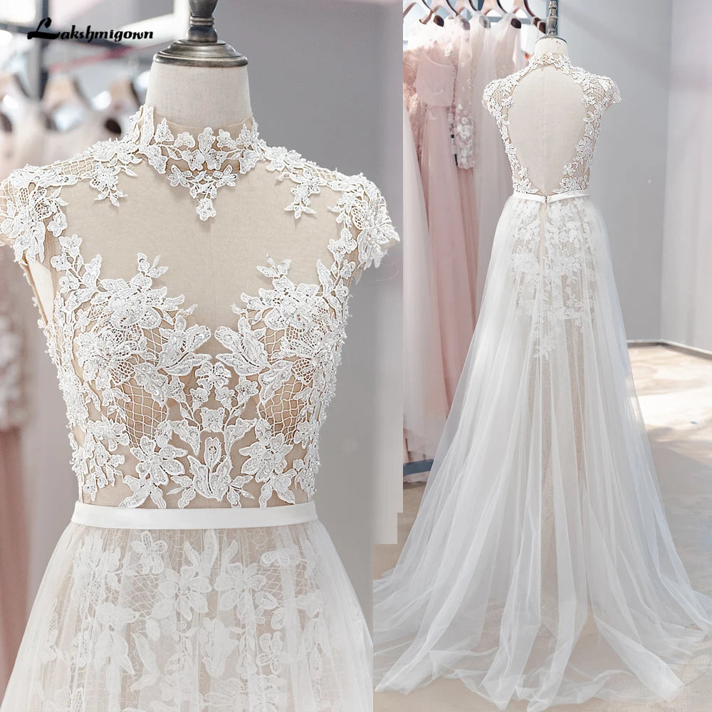 Lakshmigown Bohemian Wedding Dress Vintage Lace Beaded High Neck Tulle Bridal Sexy Wedding Gowns Vestidos Noivas