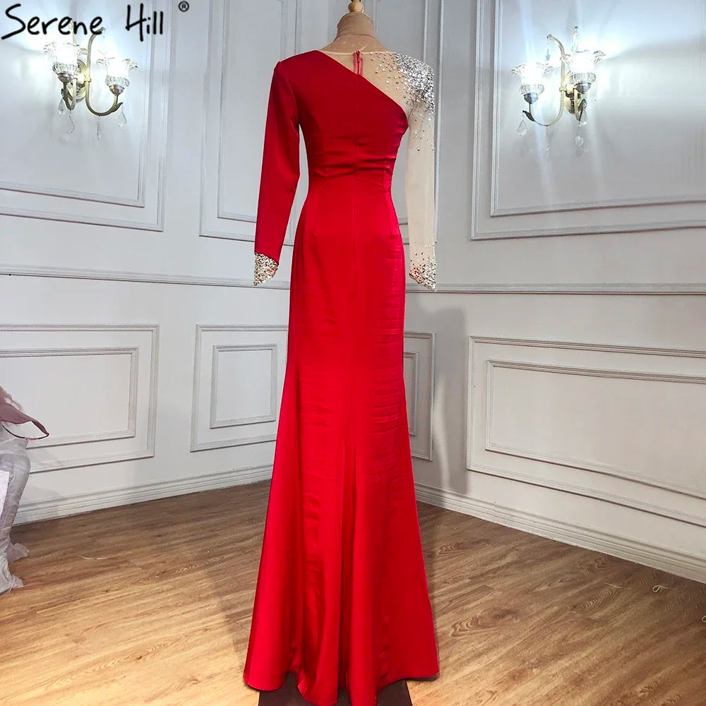 Serene Hill Customized White Satin Long Sleeve Mermaid Simple Beaded Evening Dress Party Gowns For Women Bridal Shower DLA71152
