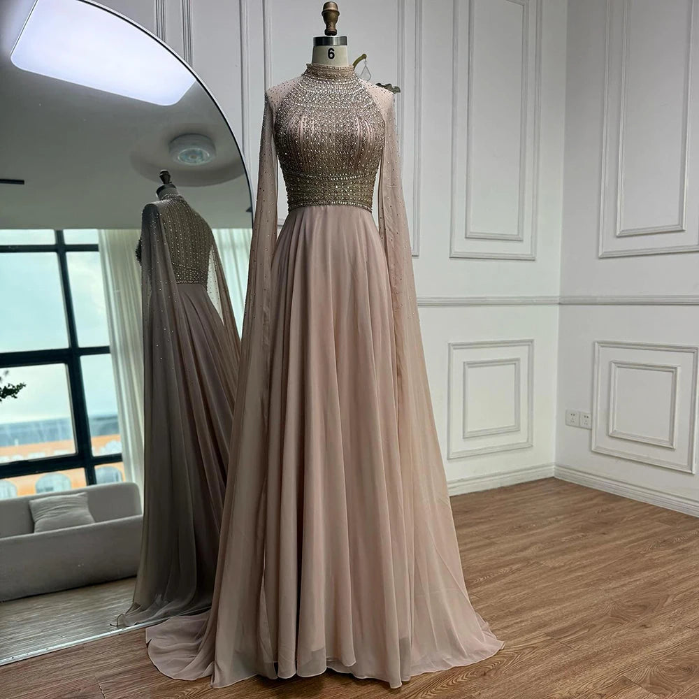 Serene Hill White Chiffon A-line Evening Dress with Cape Sleeves Simple Wedding Party Gowns for Bridesmaid Customized DLA73144