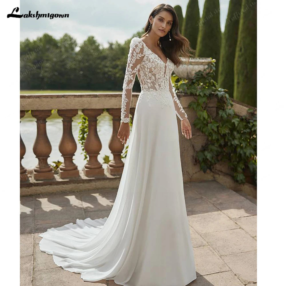 Lakshmigown Long Sleeve Wedding Dress 2026 Boho Beach Illusion Backless A Line Chiffon Bridal Gown Lace Robe De Mariée Customize
