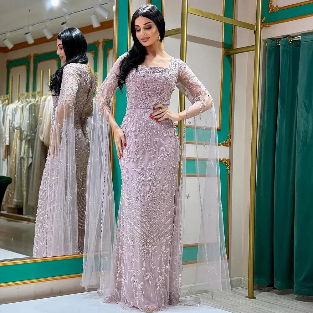 Serene Hill 2026 Dubai Pink Mermaid Long Evening Dress with Beaded Cape Gown for Wedding Occasion DLA72400A Customized