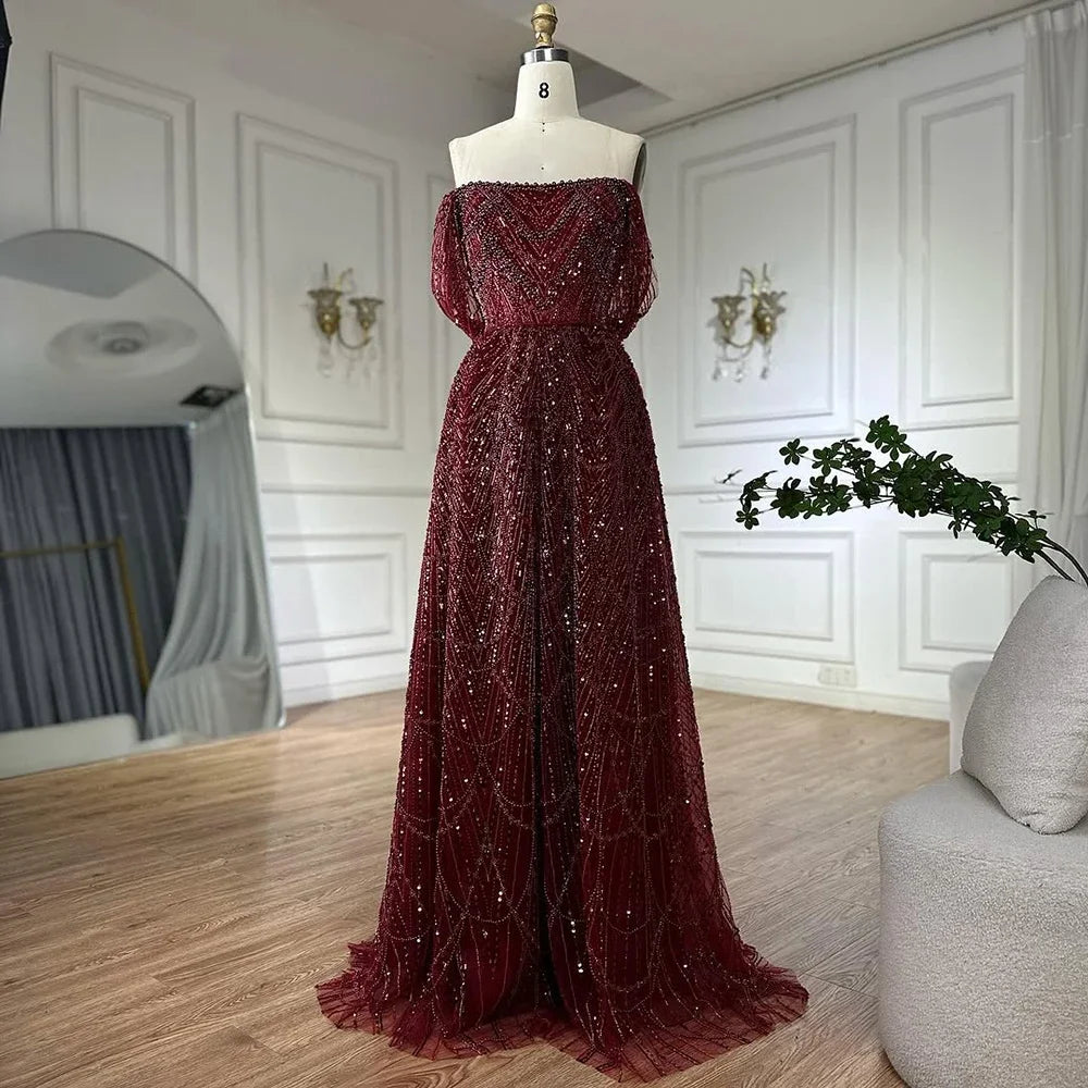 Serene Hill 2025 Customized Dubai Olive Green A Line Off Shoulder Evening Dresses With Pearl Beaded Design For Party DLA72738A