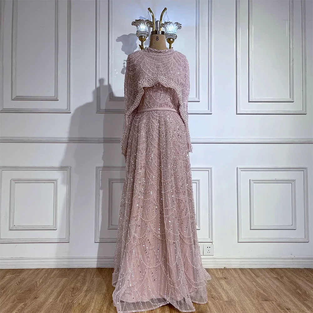 Serene Hill Customized Green Long Sleeve A-Line Evening Dresses with Cape Muslim Wedding Party Gowns For Women LA72032B