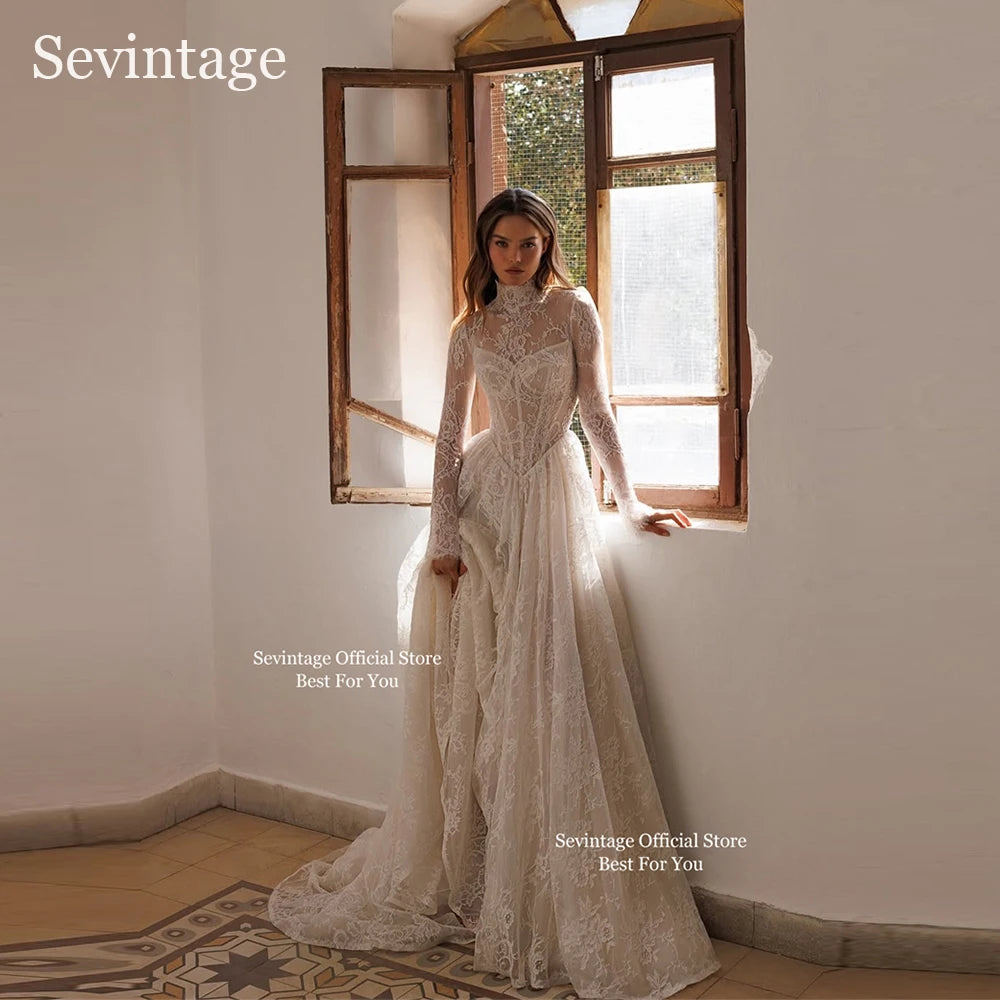 Sevintage Full Lace Ivory Wedding Dresses High Collar Long Sleeves Bridal Gowns Floor Length A-Line Wedding Gowns 2025 Customize