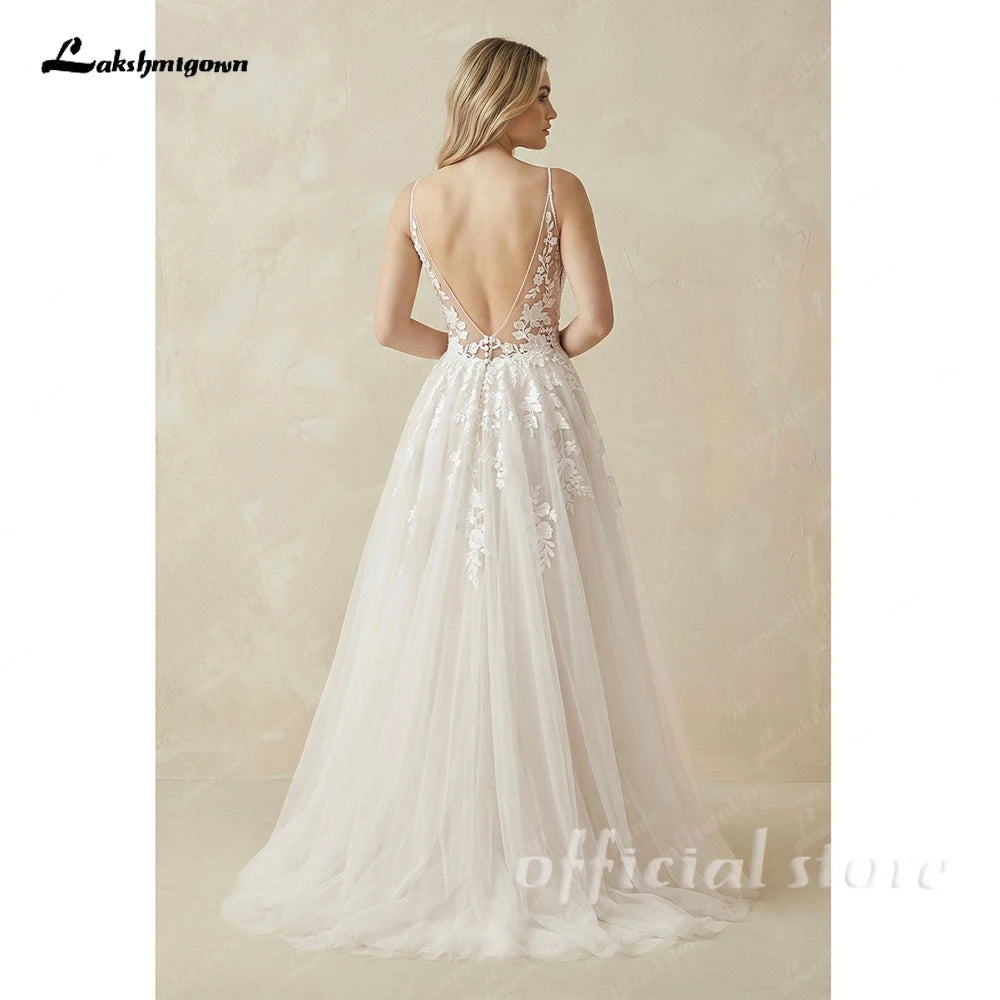 Lakshmigown Boho Lace Appliques Wedding Dress Spaghetti Straps Bohemian Wedding Gown for Garden Beach  Customized
