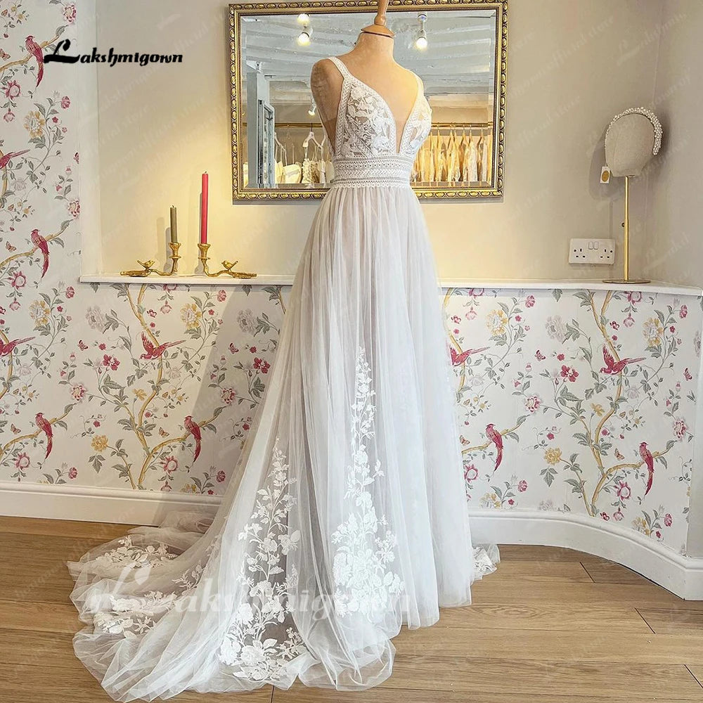 Lakshmigown V Neck Lace Appliques Boho Wedding Dress for Women Hochzeitskleid Robe Civil Boho Bridal Gown Vestido Novia