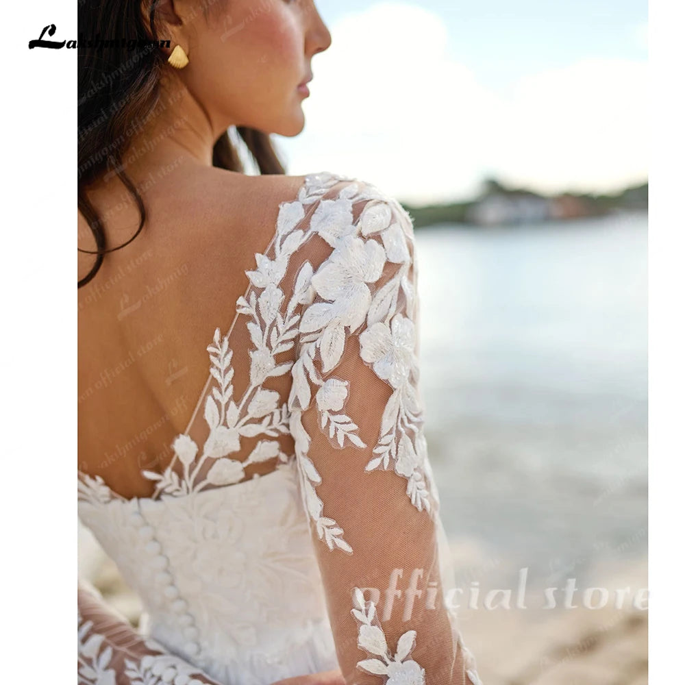 Lakshmigown Boho Beach V-Neck Lace Chiffon Wedding Dress for Women A-Line Sweep Train Long Sleeves Bride Gown Vestido Customized