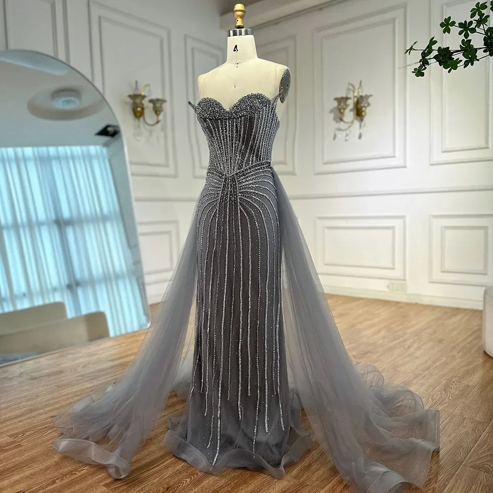 Abito da sera sirena con perle rosa, perline e sopragonna in stile arabo LA72811B