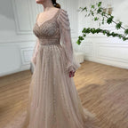 Serene Hill Customized Navy Long Sleeves A-Line Beaded Arabic Evening Dresses Gowns 2024 For Women Wedding Party DLA71867