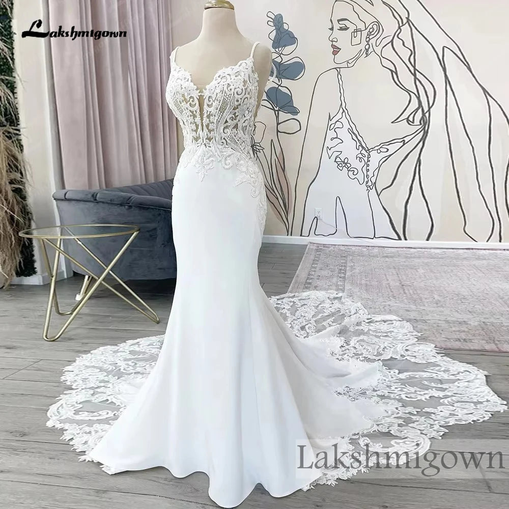 Lakshmigown Spaghett Straps Mermaid Wedding Dresses with Beads Lace Appliques Court Train Vestidos De Novia V-Neck Customized