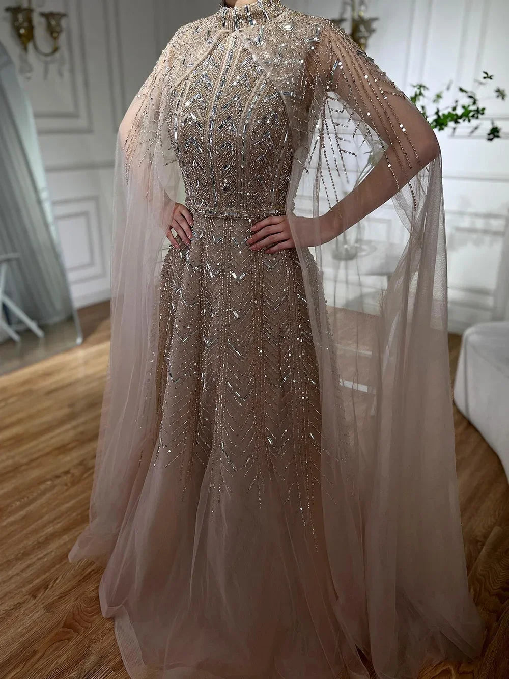 Serene Hill Customized 2025 Blue Beaded A-Line Cape Sleeves Formal Evening Dresses Elegant Party Gowns for Women DLA72728