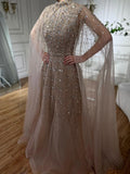 Serene Hill Customized 2025 Blue Beaded A-Line Cape Sleeves Formal Evening Dresses Elegant Party Gowns for Women DLA72728