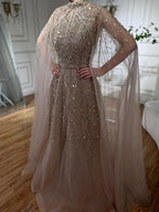 Serene Hill Customized 2025 Blue Beaded A-Line Cape Sleeves Formal Evening Dresses Elegant Party Gowns for Women DLA72728