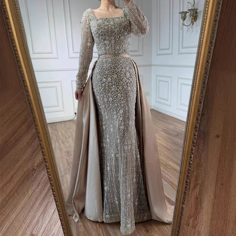 Serene Hill Turquoise Square Collar Mermaid Beaded Evening Dress Overskirt Party Gowns with Long Sleeves Customized DLA72533A