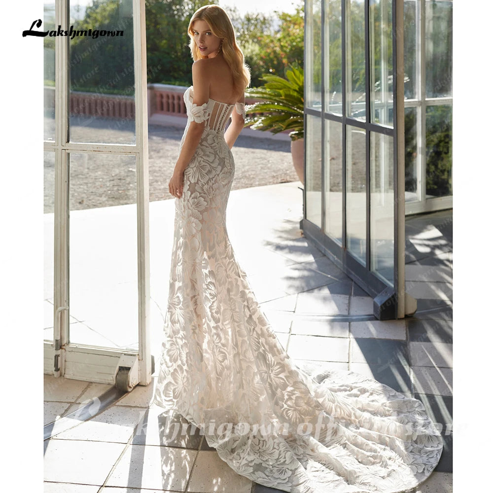 Lakshmigown Luxury Lace Mermaid Wedding Dress Off the Shoulder Sweetheart Bridal Gown Customized Sweep Train Vestidos De Novia