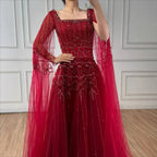 Serene Hill Red Square Collar A-Line Beaded Evening Dress with Cape Sleeves 2026 Party Gowns for Women DLA73089A Customized