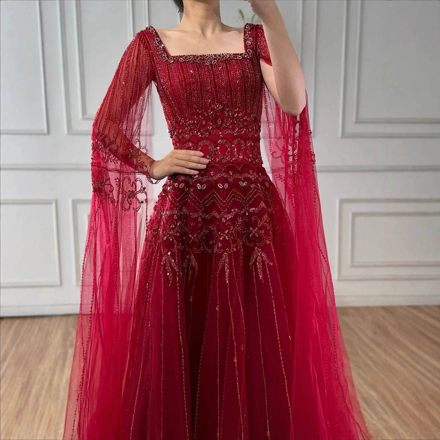 Serene Hill Red Square Collar A-Line Beaded Evening Dress with Cape Sleeves 2026 Party Gowns for Women DLA73089A Customized